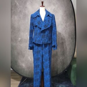 Anne Klein Blue Black Printed Jacquard Short Trench Jacket & Pants Sz. 10